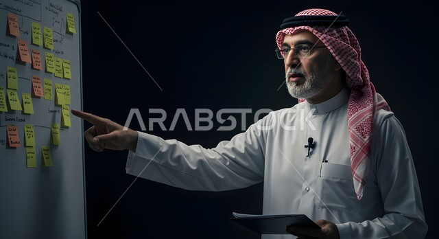  تقديم الأفكار للزملاء في المكتب، بيئة العمل المريحة في الشركات السعودية، اجراء دورات تدريبية، استخدام اوراق الملاحظات الملونة، صورة مقربة لرجل عربي خليجي سعودي يرتدي الشماغ والثوب التقليدي يقوم بالشرح عن استراتيجيات الشركة على لوح ابيض