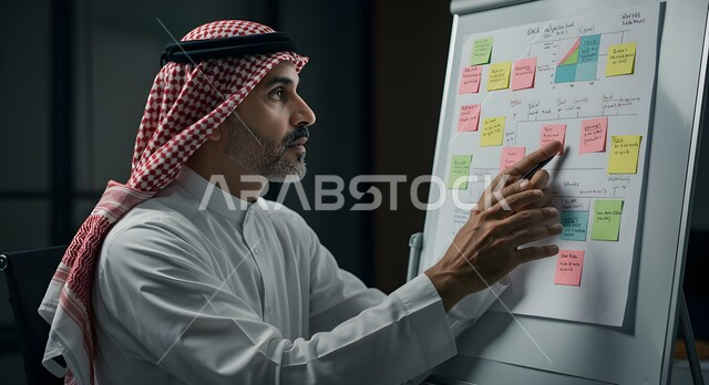 بيئة العمل المريحة في الشركات السعودية ، اجراء دورات تدريبية، استخدام اوراق الملاحظات الملونة، صورة مقربة لرجل عربي خليجي سعودي يرتدي الشماغ والثوب التقليدي يقوم بالشرح عن استراتيجيات الشركة على لوح ابيض، تقديم الأفكار للزملاء في المكتب