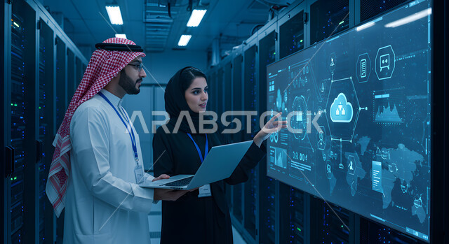 تحليل البيانات ورسمها بتقنية الهولوجرام, مناقشة وتوزيع مهام العمل, بيئة العمل السعودي, الوحده والعمل الجماعي, تحقيق اهداف الشركه, تطوير العمل وحل المشكلات، صورة مقربة لرجل عربي خليجي سعودي يرتدي الشماغ والثوب التقليدي يمسك بيده الحاسب المحمول يقف بجانب زميلته