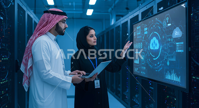 بيئة العمل السعودي, الوحده والعمل الجماعي, تحقيق اهداف الشركه, تطوير العمل وحل المشكلات، صورة مقربة لرجل عربي خليجي سعودي يرتدي الشماغ والثوب التقليدي يمسك بيده الحاسب المحمول يقف بجانب زميلته، تحليل البيانات ورسمها بتقنية الهولوجرام, مناقشة وتوزيع مهام العمل