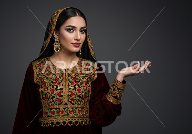 The anniversary of the founding of the first Saudi state on February 22, boasting about the nation's achievements, a close-up portrait of a young Saudi Arabian Gulf woman wearing a headdress and a headdress looking at the camera with an expression of self-confidence, wearing the Central Region costume on national occasions, the day of our beginnings 1727 AD, gray background