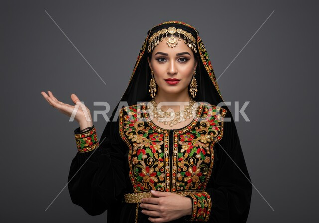 ذكرى تأسيس الدولة السعودية الأولى في 22 فبراير, التباهي بإنجازات الوطن, بورتريه مقرب لشابة عربية خليجية سعودية ترتدي المقطع والهامة تنظر إلى الكاميرا بتعابير الثقة بالنفس, ارتداء زي المنطقة الوسطى في المناسبات الوطنية, يوم بدينا 1727 م, خلفية رمادية