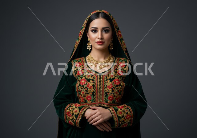 ذكرى تأسيس الدولة السعودية الأولى في 22 فبراير, التباهي بإنجازات الوطن, بورتريه مقرب لشابة عربية خليجية سعودية ترتدي المقطع والهامة تنظر إلى الكاميرا بتعابير الثقة بالنفس, ارتداء زي المنطقة الوسطى في المناسبات الوطنية, يوم بدينا 1727 م, خلفية رمادية