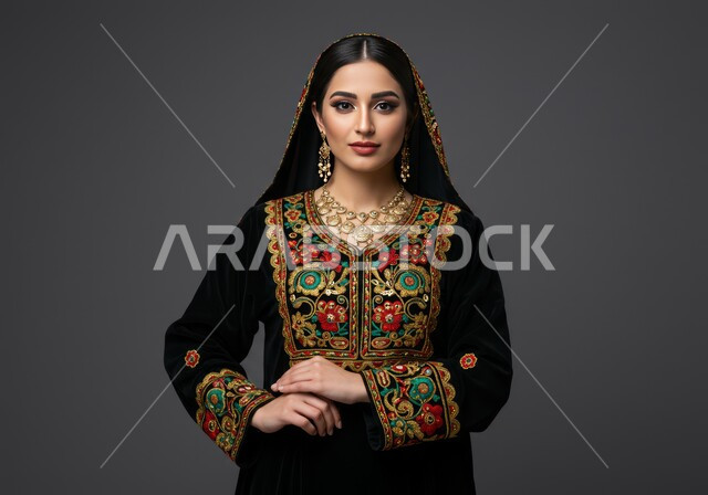 The Day We Began 1727 AD, the anniversary of the founding of the first Saudi state on February 22, boasting about the nation's achievements, a close-up portrait of a young Saudi Arabian Gulf woman wearing a headdress and a headdress looking at the camera with an expression of self-confidence, wearing the Central Region costume on national occasions, gray background
