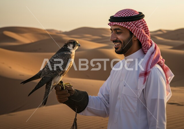  رمز القوة والتحدي وحدة البصر، الفخر بالتراث السعودي العريق في تربية الطيور الجارحة الحرة، صورة مقربة لشاب عربي خليجي سعودي يرتدي الشماغ والثوب التقليدي وقفاز الحماية الجلدي يقوم بترويض طائر الصقر في الصحراء، موسم الصيد السنوي في المملكة العربية السعودية