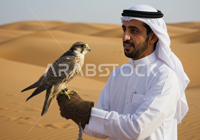  رمز القوة والتحدي وحدة البصر، الفخر بالتراث السعودي العريق في تربية الطيور الجارحة الحرة، صورة مقربة لشاب عربي خليجي سعودي يرتدي الغترة والثوب التقليدي وقفاز الحماية الجلدي يقوم بترويض طائر الصقر في الصحراء، موسم الصيد السنوي في المملكة العربية السعودية