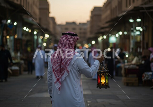 زينة وأنوار الأعياد والمناسبات الدينية الاسلامية، سوق وحي سكني شعبي مضيء في الليل، الاستعداد والتجهز لاستقبال شهر رمضان المبارك، الاحتفال بقدوم شهر الخير، صورة من الخلف لرجل عربي خليجي سعودي يرتدي الشماغ والثوب التقليدي يحمل فانوس معدني مزخرف مضيء