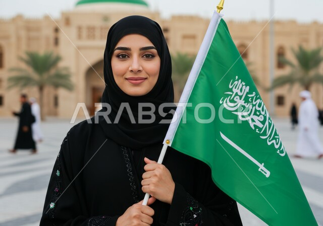 Looking at the camera with gestures of pride for having a Saudi identity, commemorating Flag Day on March 11, celebrating Saudi National Day on September 23, close-up of a smiling Saudi Arabian Gulf woman wearing an abaya and hijab holding the Kingdom's flag during the day, background of a popular residential neighborhood