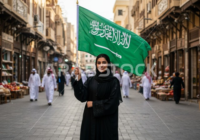 تخليد يوم العلم 11 مارس, الاحتفال بذكرى اليوم الوطني السعودي 23 سبتمبر, صورة مقربة لامرأة عربية سعودية خليجية مبتمسة ترتدي العباءة والحجاب تمسك علم المملكة في النهار، النظر الى الكاميرا بايماءات الفخر لامتلاك الهوية السعودية, خلفية حي سكني شعبي 