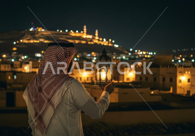 الاستعداد والتجهز لاستقبال شهر رمضان المبارك، الاحتفال بقدوم شهر الخير، صورة من الخلف لرجل عربي خليجي سعودي يرتدي الشماغ والثوب التقليدي يحمل فانوس معدني مزخرف مضيء، زينة وأنوار الأعياد والمناسبات الدينية الاسلامية، سوق وحي سكني شعبي مضيء في الليل