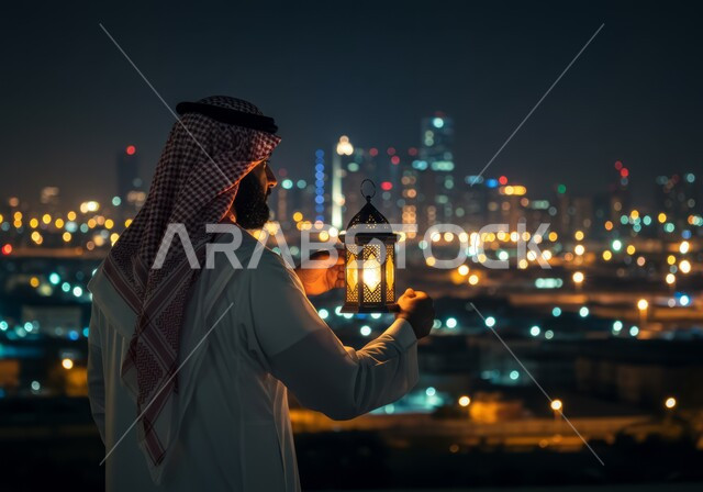 زينة وأنوار الأعياد والمناسبات الدينية الاسلامية، سوق وحي سكني شعبي مضيء في الليل، الاستعداد والتجهز لاستقبال شهر رمضان المبارك، الاحتفال بقدوم شهر الخير، صورة من الخلف لرجل عربي خليجي سعودي يرتدي الشماغ والثوب التقليدي يحمل فانوس معدني مزخرف مضيء