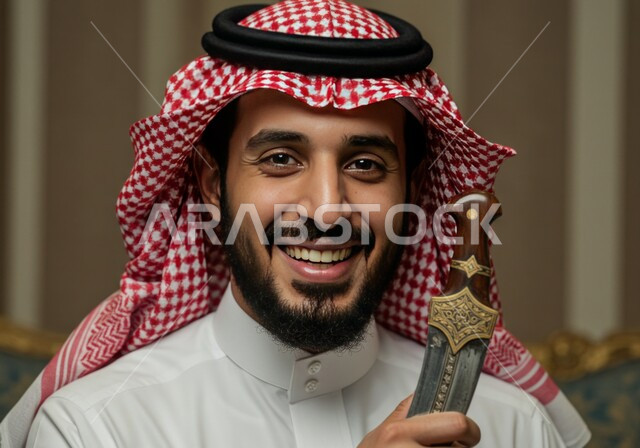 صناعة يدويه وحرف مميزة للأسلحة القديمة، أصالة العادات والتقاليد في المملكة العربية السعودية، قطع أنتيكة من الطراز الشعبي، التحف والانتيكا التراثية القديمة الشعبية، صورة مقربة لرجل عربي خليجي سعودي مبتسم يرتدي الشماغ والثوب التقليدي يمسك بيده خنجر مزخرف