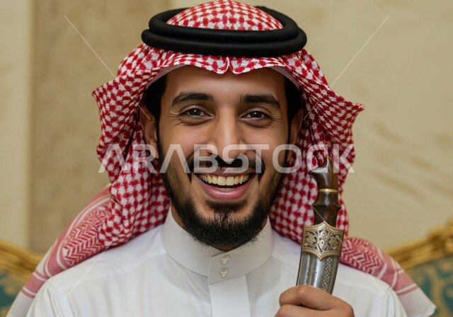 صناعة يدويه وحرف مميزة للأسلحة القديمة، أصالة العادات والتقاليد في المملكة العربية السعودية، قطع أنتيكة من الطراز الشعبي، التحف والانتيكا التراثية القديمة الشعبية، صورة مقربة لرجل عربي خليجي سعودي مبتسم يرتدي الشماغ والثوب التقليدي يمسك بيده خنجر مزخرف