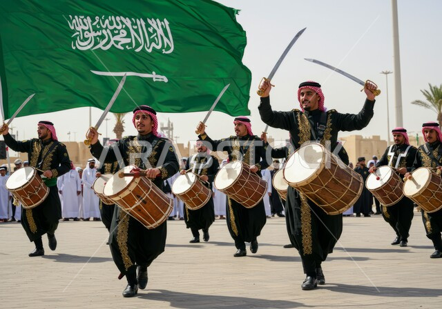 فرقة للاحتفال بالعيد الوطني بالرقص بالسيوف وقرع الطبول، يوم بدينا 22 فبراير، ارتداء زي العرضة النجدية الشعبية في مناسبة وطنية، ذكرى تأسيس الدوله السعوديه الأولى 1727 م، عرض الفلكلور التراثي في المملكة العربية السعودية، مفهوم حب الوطن والانتماء إليه