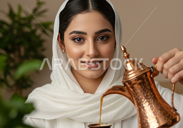  أصالة عادات وتقاليد المجتمع السعودي في المناسبات الاسلامية, كرم الضيافة وحسن الاستقبال في السعودية, صورة مقربة لشابة عربية خليجية سعودية مبتسمة ترتدي عباءة بيضاء تقوم بصب القهوة الخليجية, تقديم القهوة العربية الأصيلة في الأعياد 