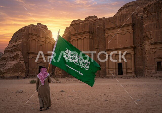  ذكرى اليوم الوطني السعودي 23 سبتمبر، يوم العلم 11 مارس، الاستمتاع بالمناظر الطبيعية والقمم الصخرية في الصحاري، رجل عربي خليجي سعودي يرتدي الشماغ والثوب التقليدي يرفع علم المملكة العربية السعودية وسط الصحراء في النهار