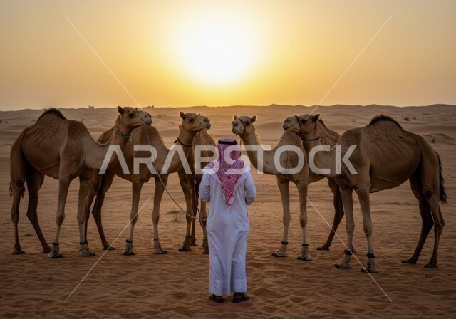 تربية ورعاية الابل في محمية طبيعية، الكثبان الرملية في صحراء المملكة العربية السعودية، صورة من الخلف لرجل عربي خليجي سعودي يرتدي الشماغ والثوب التقليدي يقف بجانب قطع من الجمل، خلفية الطبيعة