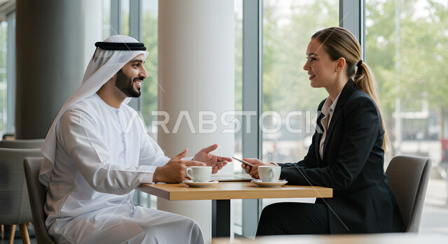 تبادل الخبرات وأساليب العمل، اجتماع عمل خارجي في احدى مقاهي الامارات، رجل عربي خليجي اماراتي مبتسم يرتدي الغترة والكندورة يجلس بجانب سيدة اعمال اجنبية، استخدام جهاز التابلت في عرض المشاريع والاقتراحات، التعاون في وضع استراتيجية عمل مناسبة