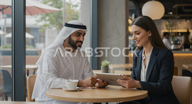 تبادل الخبرات وأساليب العمل، اجتماع عمل خارجي في احدى مقاهي الامارات، رجل عربي خليجي اماراتي مبتسم يرتدي الغترة والكندورة يجلس بجانب سيدة اعمال اجنبية، استخدام جهاز التابلت في عرض المشاريع والاقتراحات، التعاون في وضع استراتيجية عمل مناسبة