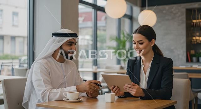 تبادل الخبرات وأساليب العمل، اجتماع عمل خارجي في احدى مقاهي الامارات، رجل عربي خليجي اماراتي مبتسم يرتدي الغترة والكندورة يجلس بجانب سيدة اعمال اجنبية، استخدام جهاز التابلت في عرض المشاريع والاقتراحات، التعاون في وضع استراتيجية عمل مناسبة