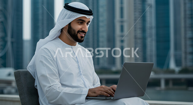  العمل في شركات الامارات العربية المتحدة، أداء المهام والاعمال المكتبية  في الهواء الطلق، صورة من الجانب لرجل عربي خليجي اماراتي يرتدي الكندورة والغترة يجلس في الخارج يقوم بالعمل على الحاسب المحمول، دمج التقنية والتكنولوجيا في الحياة العملية