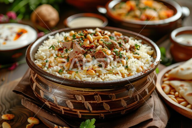 مطاعم للمأكولات العربية الشرقية في المملكة العربية السعودية، وجبات وأطباق عربية تقليدية شعبية، طبق من الأرز الابيض و قطع لحم الغنم المطهية، وصفات طعام المطبخ السعودي