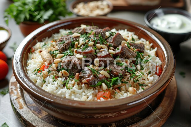 مطاعم للمأكولات العربية الشرقية في المملكة العربية السعودية، وجبات وأطباق عربية تقليدية شعبية، طبق من الأرز الابيض و قطع لحم الغنم المطهية، وصفات طعام المطبخ السعودي