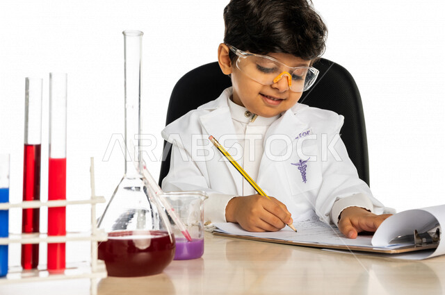 Portrait of a Saudi Arabian Gulf boy, wearing a white coat, taking notes, conducting chemical experiments and reactions in the laboratory, scientific experiments and research, studies and analyzes, chemicals, future profession, white background, chemistry