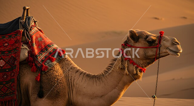 Interest in raising purebred camels in the desert, a brown camel standing in the middle of the Saudi Arabian wilderness during the day, the concept of livestock and mammal care among Arabs, a nature reserve for camel care
