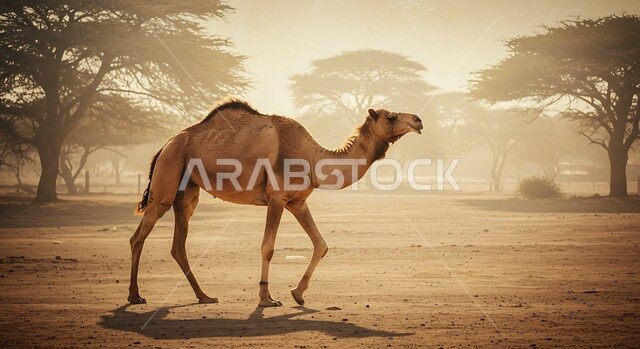 Interest in raising purebred camels in the desert, a brown camel standing in the middle of the Saudi Arabian wilderness during the day, the concept of livestock and mammal care among Arabs, a nature reserve for camel care