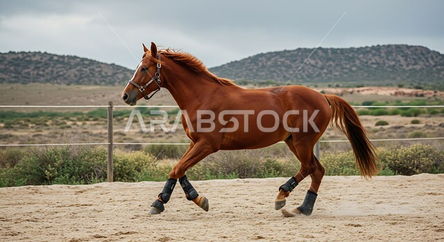 رمز الفروسية والشجاعة، تربية ورعاية الخيول في المحميات الطبيعية، خيل عربي بني أصيل يركض في صحراء المملكة العربية السعودية، الاهتمام والعناية بالجياد في المناطق الصحراوية