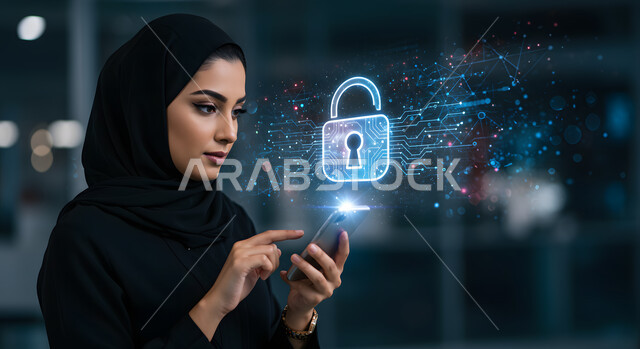 أيقونة قفل الأمان مضيئة بتقنية الهولوجرام ثلاثية الأبعاد، مفهوم الأمن السيبراني، الحفاظ على البيانات الشخصية للمستخدمين والدخول الامن، أمن تكنولوجيا المعلومات، صورة مقربة لإمراة عربية خليجية سعودية محجبة تمسك بيدها الهاتف المحمول بتعابير السرور والسعادة