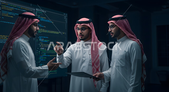 A team of Saudi Arabian programmers wearing traditional keffiyehs and thobes working on software development, a holographic screen, technical programming codes, and the use of technology in practical life.