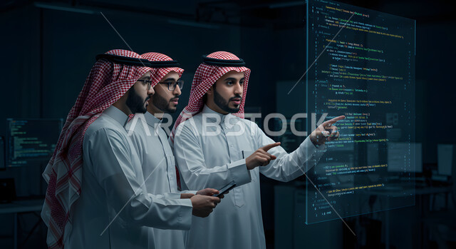 A team of Saudi Arabian programmers wearing traditional keffiyehs and thobes working on software development, a holographic screen, technical programming codes, and the use of technology in practical life.