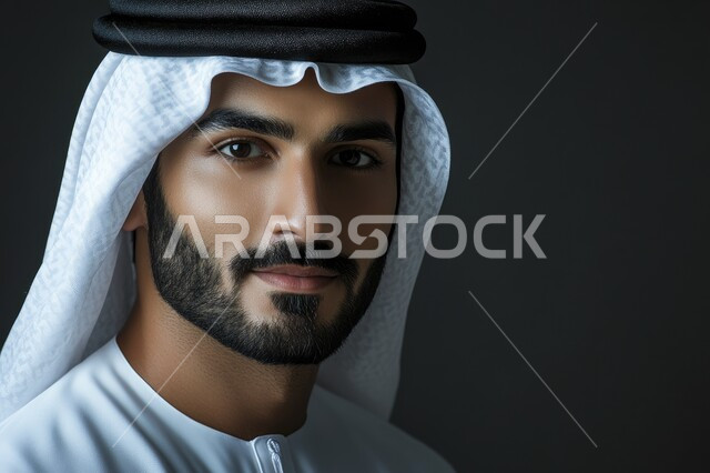 The concept of elegance and masculinity, taking selfies for official documents, taking care of one's appearance, close-up portrait of a smiling Emirati Gulf Arab man wearing a kandura and ghutra, looking at the camera with gestures of self-confidence and pleasure, gray background