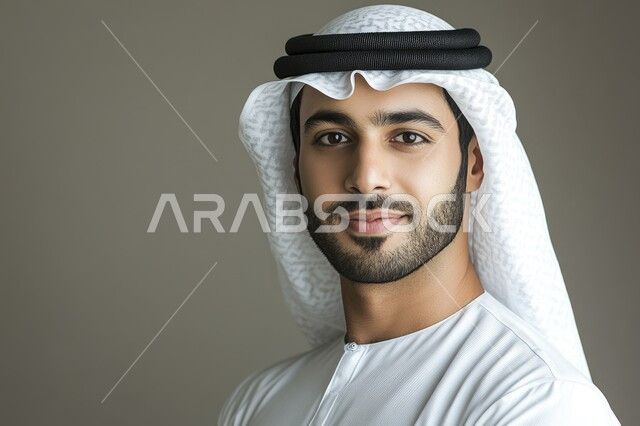  مفهوم الأناقة والرجولة، التقاط الصور الشخصية للوثائق الرسمية، الاهتمام بالمظهر الخارجي، بورتريه مقرب لرجل عربي خليجي اماراتي مبتسم يرتدي الكندورة والغترة ينظر إلى الكاميرا بإيماءات الثقة بالنفس والسرور، خلفية رمادية