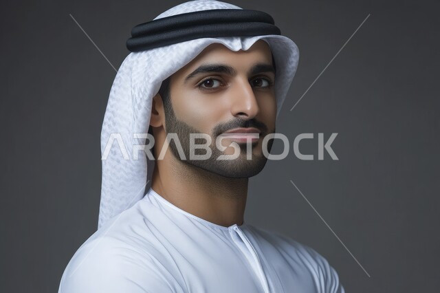  مفهوم الأناقة والرجولة، التقاط الصور الشخصية للوثائق الرسمية، الاهتمام بالمظهر الخارجي، بورتريه مقرب لرجل عربي خليجي اماراتي مبتسم يرتدي الكندورة والغترة ينظر إلى الكاميرا بإيماءات الثقة بالنفس والسرور، خلفية رمادية