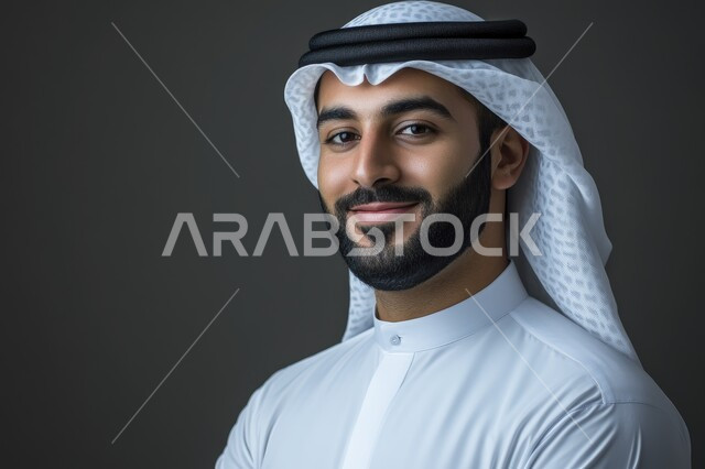  مفهوم الأناقة والرجولة، التقاط الصور الشخصية للوثائق الرسمية، الاهتمام بالمظهر الخارجي، بورتريه مقرب لرجل عربي خليجي اماراتي مبتسم يرتدي الكندورة والغترة ينظر إلى الكاميرا بإيماءات الثقة بالنفس والسرور، خلفية رمادية