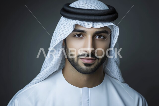  مفهوم الأناقة والرجولة، التقاط الصور الشخصية للوثائق الرسمية، الاهتمام بالمظهر الخارجي، بورتريه مقرب لرجل عربي خليجي اماراتي مبتسم يرتدي الكندورة والغترة ينظر إلى الكاميرا بإيماءات الثقة بالنفس والسرور، خلفية رمادية