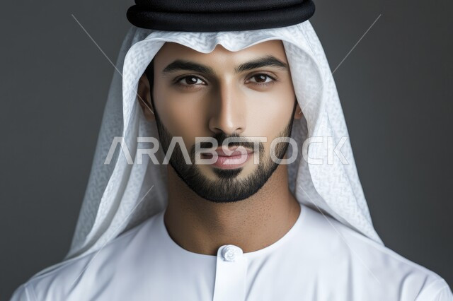  مفهوم الأناقة والرجولة، التقاط الصور الشخصية للوثائق الرسمية، الاهتمام بالمظهر الخارجي، بورتريه مقرب لرجل عربي خليجي اماراتي مبتسم يرتدي الكندورة والغترة ينظر إلى الكاميرا بإيماءات الثقة بالنفس والسرور، خلفية رمادية