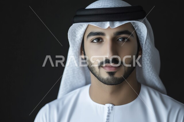 The concept of elegance and masculinity, taking selfies for official documents, taking care of one's appearance, close-up portrait of a smiling Emirati Gulf Arab man wearing a kandura and ghutra, looking at the camera with gestures of self-confidence and pleasure, gray background