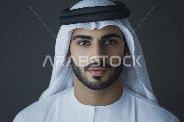 The concept of elegance and masculinity, taking selfies for official documents, taking care of one's appearance, close-up portrait of a smiling Emirati Gulf Arab man wearing a kandura and ghutra, looking at the camera with gestures of self-confidence and pleasure, gray background