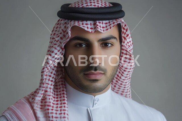 الاهتمام بالمظهر الخارجي، بورتريه مقرب لرجل عربي خليجي سعودي مبتسم يرتدي الثوب التقليدي والشماغ ينظر إلى الكاميرا بإيماءات الثقة بالنفس والسرور، مفهوم الأناقة والرجولة، التقاط الصور الشخصية للوثائق الرسمية، خلفية رمادية