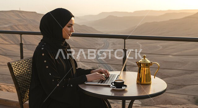 الاستمتاع بتناول المشروب الساخن, ايماءات التركيز والاندماج، إنجاز المهام في وسط الصحراء والرمال الذهبية, إدارة وتنظيم الأعمال في الأجواء الطبيعية, امرأة عربية خليجية سعودية محجبة تستخدم الحاسب المحمول، خلفية الطبيعة الصحراوية