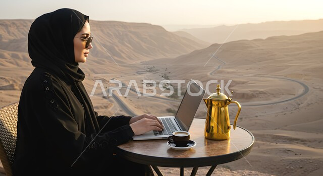 الاستمتاع بتناول المشروب الساخن, ايماءات التركيز والاندماج، إنجاز المهام في وسط الصحراء والرمال الذهبية, إدارة وتنظيم الأعمال في الأجواء الطبيعية, امرأة عربية خليجية سعودية محجبة تستخدم الحاسب المحمول، خلفية الطبيعة الصحراوية