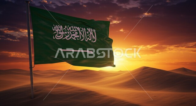 يوم العلم 11 مارس، راية التوحيد والإسلام، احتفالات ومناسبات وطنية، مفهوم حب الوطن والانتماء إليه، علم المملكة العربية السعودية مغروس وسط الرمال الذهبية الناعمة في الصحراء وقت غروب الشمس، الاحتفال بذكرى اليوم الوطني السعودي 23 سبتمبر