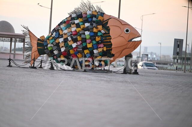 A fish sculpture on the beach of Sur during the day, a handmade masterpiece, the waterfront in the Arabian Gulf, a fun natural family entertainment place in the Sultanate of Oman