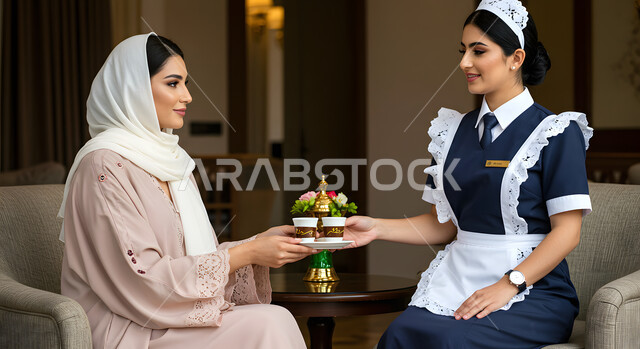 تأجير العمالة الخارجية المرخصة والمؤهلة، رضا ربة المنزل عن اداء العاملة، توفير خدمات العناية بالمنازل، المعاملة الحسنة للخادمات، خادمة افريقية تقوم بتقديم القهوة لسيدة عربية خليجية سعودية تجلس على كرسي مريح في المنزل، تعابير وايماءات السعادة والسرور