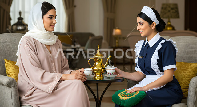 تأجير العمالة الخارجية المرخصة والمؤهلة، رضا ربة المنزل عن اداء العاملة، توفير خدمات العناية بالمنازل، المعاملة الحسنة للخادمات، خادمة افريقية تقوم بتقديم القهوة لسيدة عربية خليجية سعودية تجلس على كرسي مريح في المنزل، تعابير وايماءات السعادة والسرور