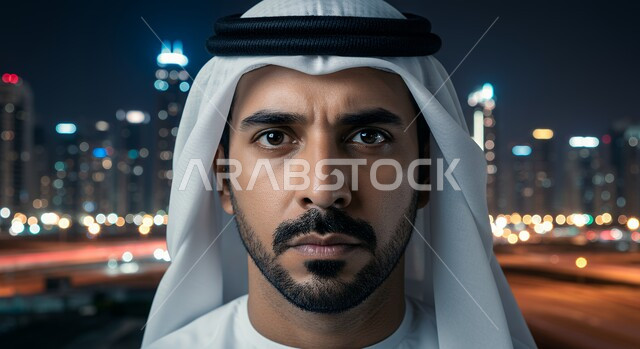  مفهوم الأناقة والرجولة، الوقوف بالهواء الطلق في الليل، الاهتمام بالمظهر الخارجي، صورة مقربة لرجل عربي خليجي اماراتي يرتدي الكندورة والغترة ينظر إلى الكاميرا بإيماءات الثقة بالنفس والسرور
